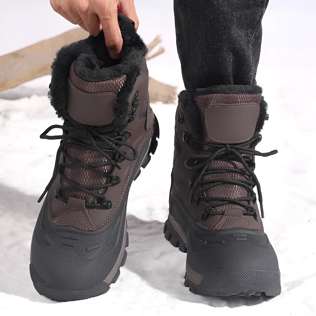 Men's black high-top winter boots with fleece lining and lace-up front on a ribbed TPR sole.