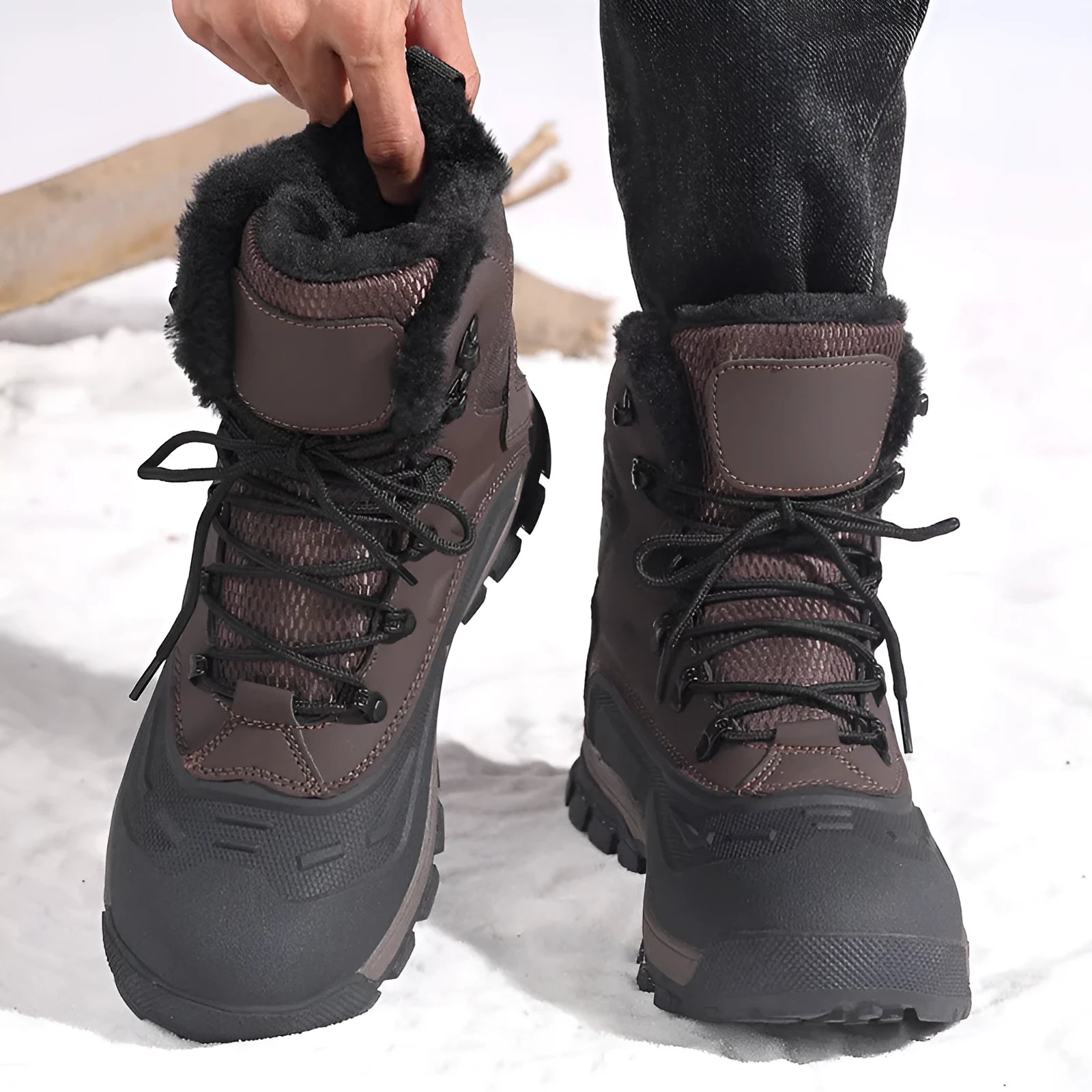 Men's black high-top winter boots with fleece lining and lace-up front on a ribbed TPR sole.