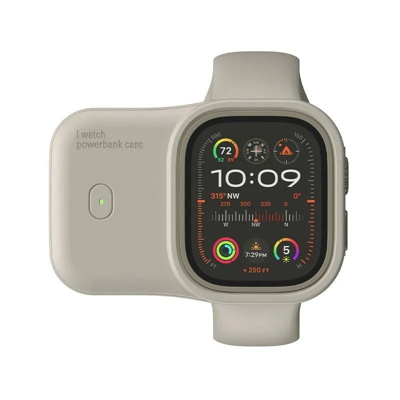 Apple Watch portable wireless charging case and silicone cover in brown, midnight blue, or starlight.