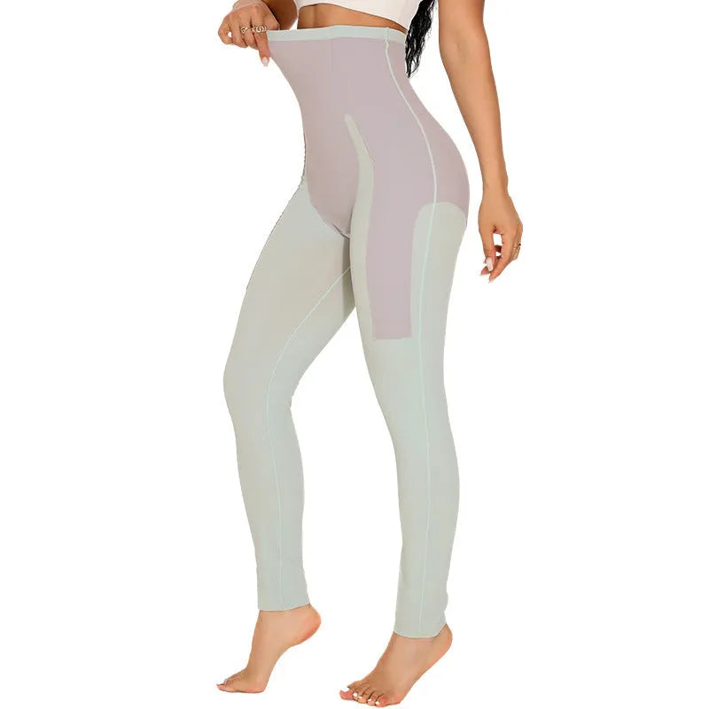 Women's high-waist seamless yoga trousers in nylon, shown in black, mint, lavender, and peach.