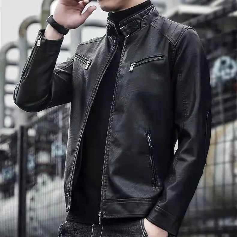 Men's black sheepskin genuine leather jacket with velvet lining, slim motorcycle fit
