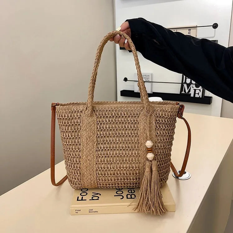 Women's woven straw crossbody bag in milky white or khaki with large capacity