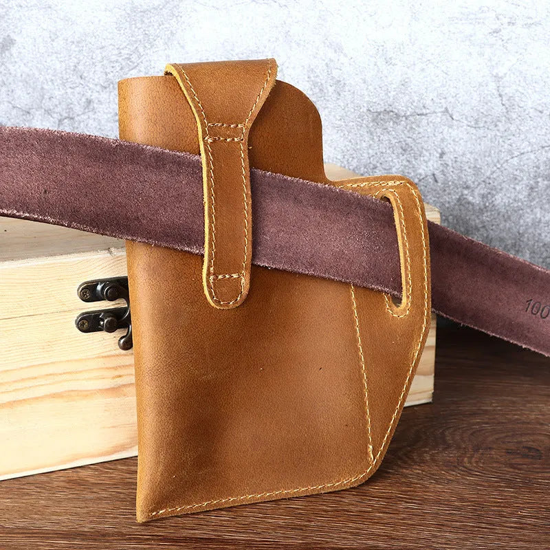 Men's retro leather phone hanging belt bag with car stitching and cover opening in brown colour