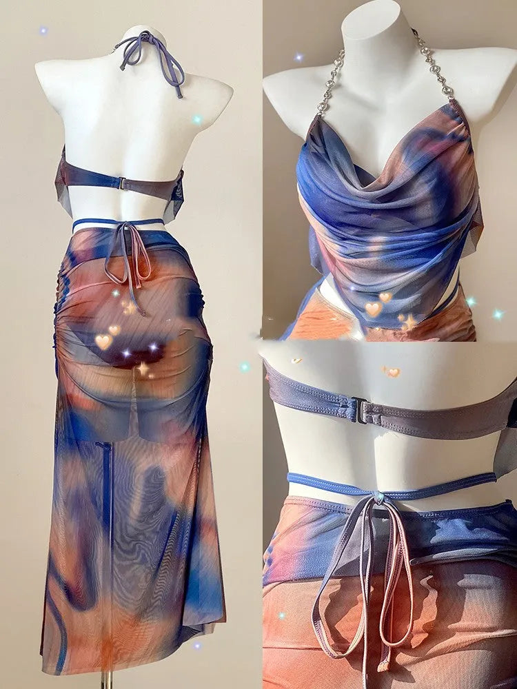 Blue printed women's three-piece bikini set with triangle top, bottoms, and skirt, showing steel support detail.