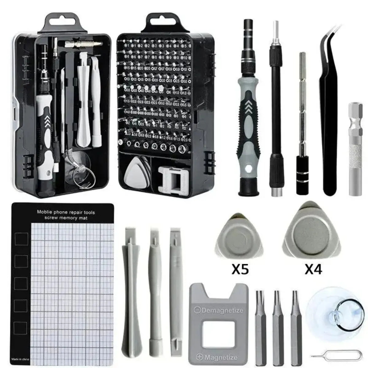 115-in-1 precision screwdriver set with 91 metal bits, magnetic tips, extension bar, and ergonomic handle in a sturdy case