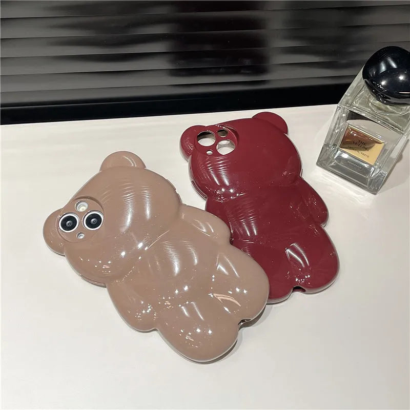 Solid colour three-dimensional bear cute anti-fall silicone phone case for iPhone 11 12 13 14 series, khaki option