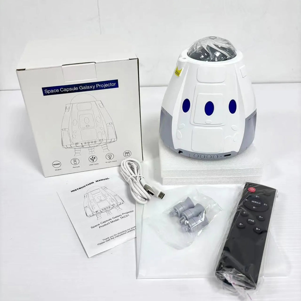 USB space capsule projector lamp showing starry galaxy projection effect with remote control