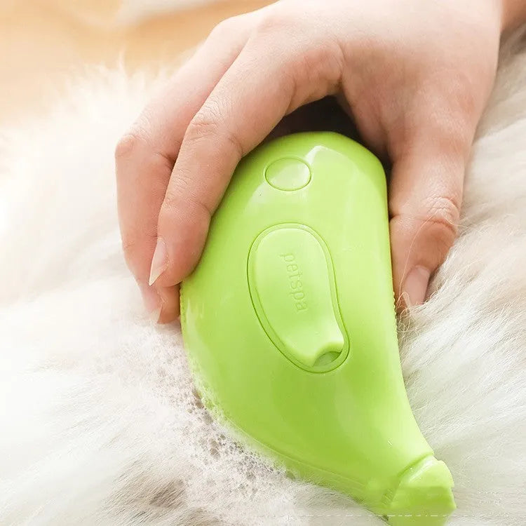 3-in-1 rechargeable pet steam brush for cats and dogs, green and yellow, with steamy spray and massage comb