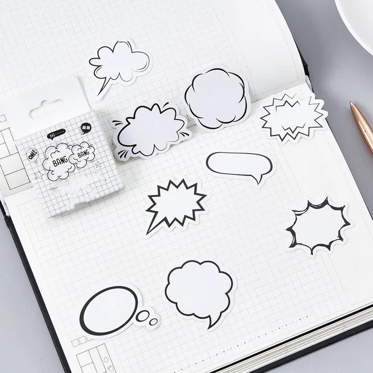 Box containing 45 black and white speech bubble thought bubble decoration stickers