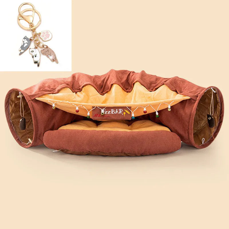 Collapsible cloth cat tunnel folded and unfolded, showing bar design pattern.