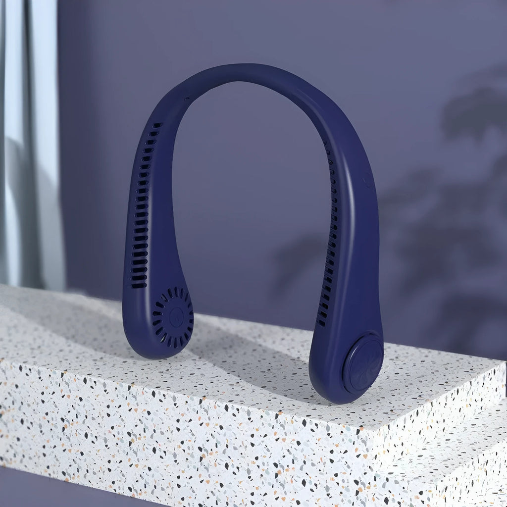 Blue portable bladeless neck fan with adjustable wind speed settings and USB charging cable