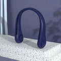 Blue portable bladeless neck fan with adjustable wind speed settings and USB charging cable