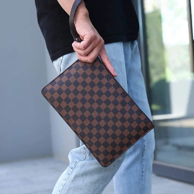 Men's soft black plaid PU leather clutch wallet open to show six card slots and a zipper pocket.
