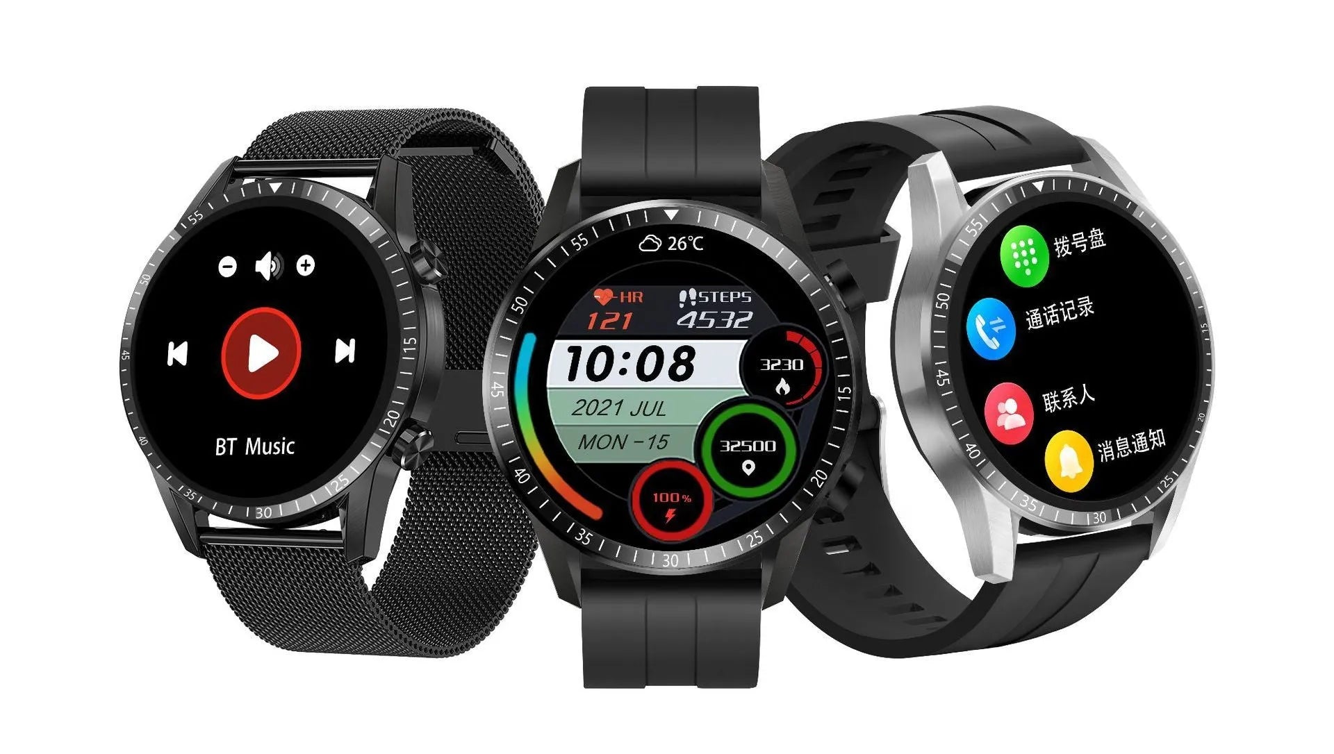 Round smartwatch with aluminium case on wrist, showing TFT touch screen displaying time and heart rate.