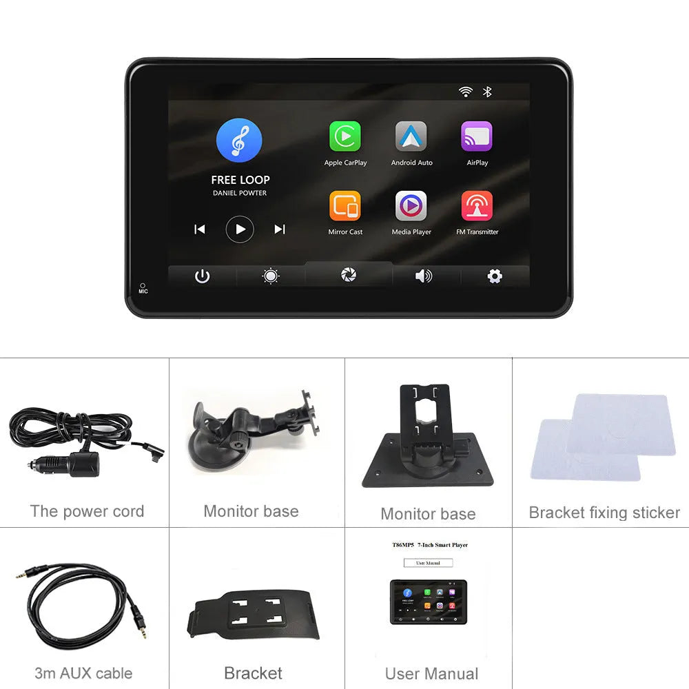 7-inch HD wired car audio video player screen with universal mounting supports and cigarette lighter plug.