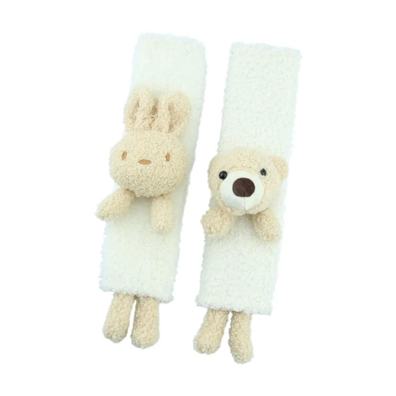 Cartoon plush rabbit and bear design car seat belt shoulder protector made from soft lamb wool.