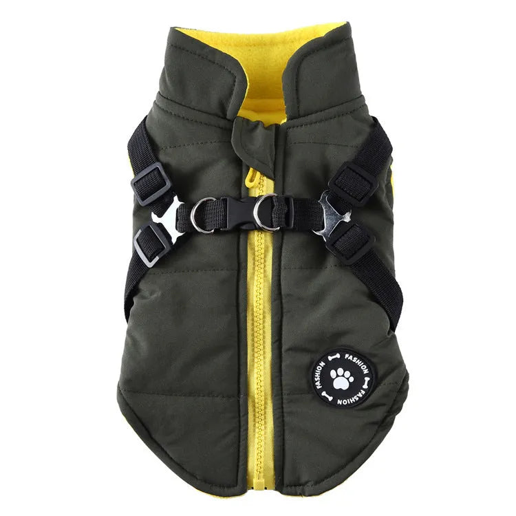 Adjustable chest strap dog winter coat in polyester with cotton-padded lining