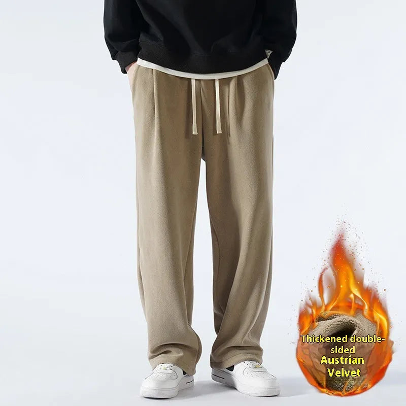 Men's double-sided polar fleece trousers in apricot colour with wool lining and drawstring waist