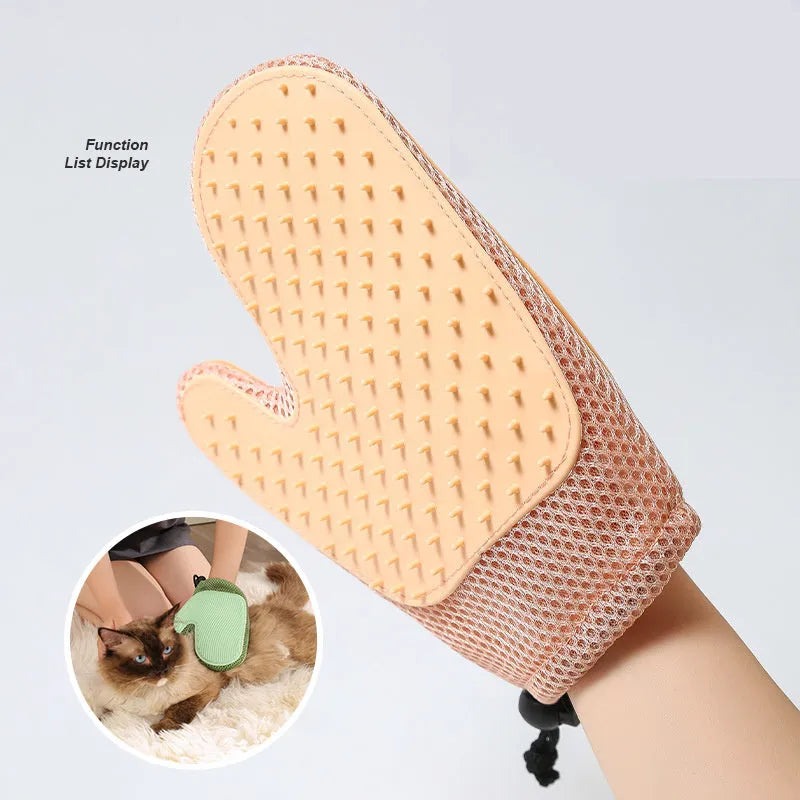 Two-in-one floating hair removal pet grooming glove in blue mesh and TPR material