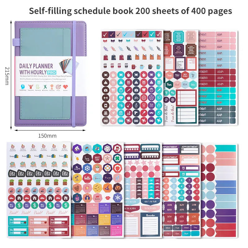 No date notebook with elastic strap in purple PU leather cover showing thread binding and planning stickers
