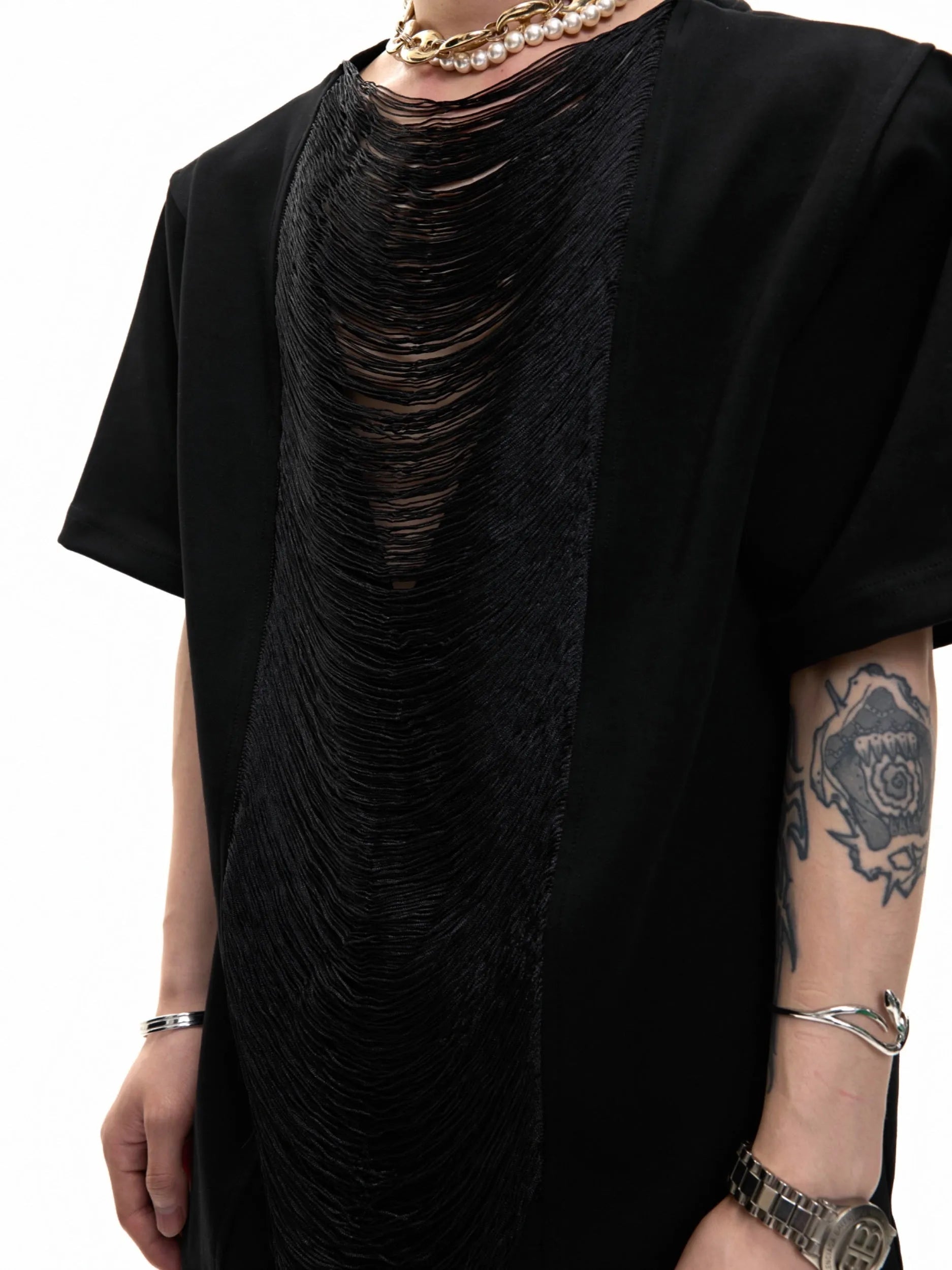 Men's drum black polyester t-shirt with V-neck design and loose fit styling