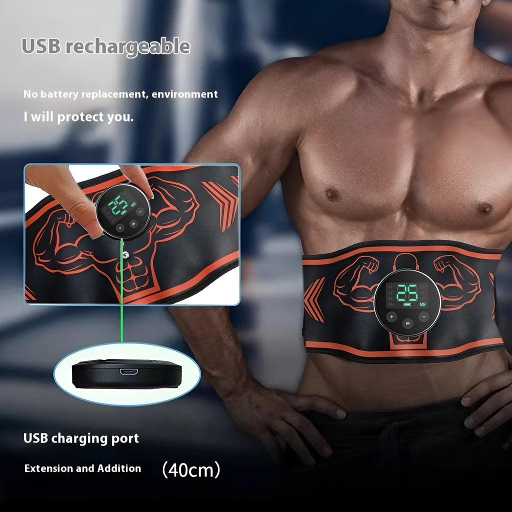 Rechargeable EMS smart massage belt and host unit in orange and blue colour options