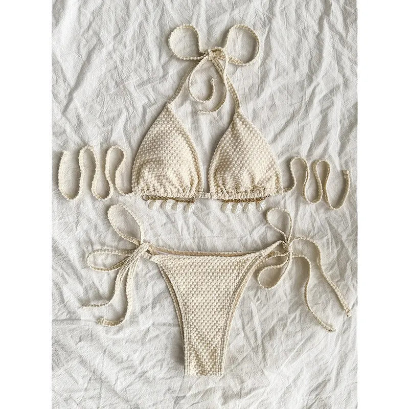 Women's white halter lace-up bikini swimsuit with briefs bottom for beach use