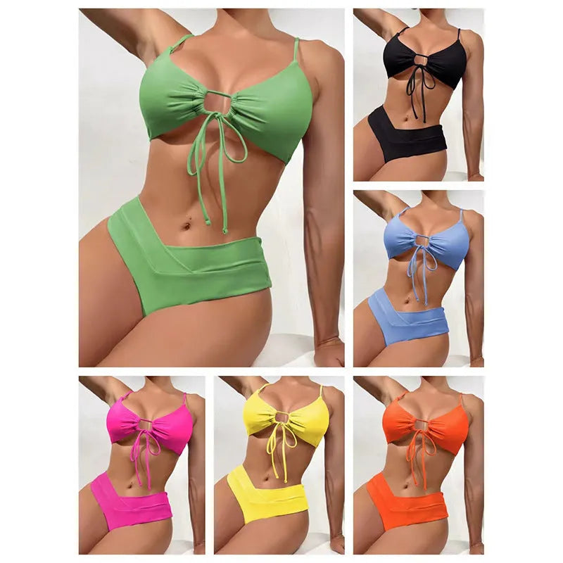 Women's pure colour tied bow split front bikini swimsuit in multiple colour options