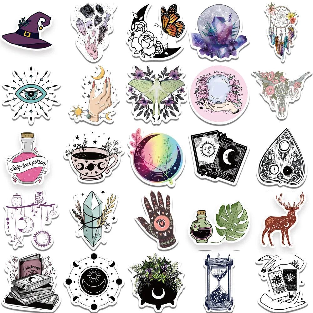 Bohemian wizard graffiti stickers 50-pack on PVC matte film showing three retro designs 5-7cm each