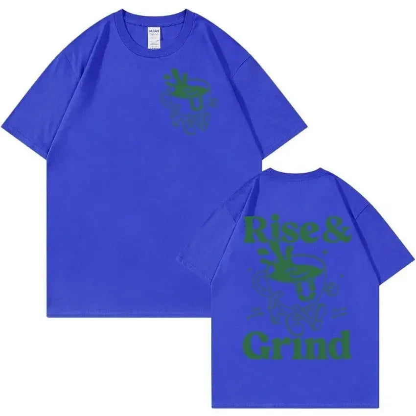 Man's loose-fit linen-blend t-shirt with Rise And Grind green coffee cartoon print