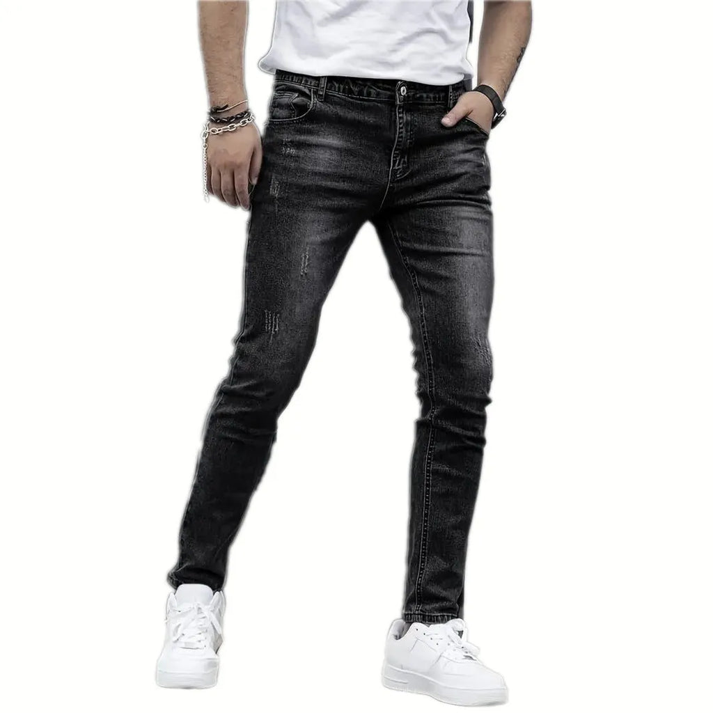 Men's stretch jeans in straight leg skinny fit with cotton-spandex fabric in black, dark blue or grey colours