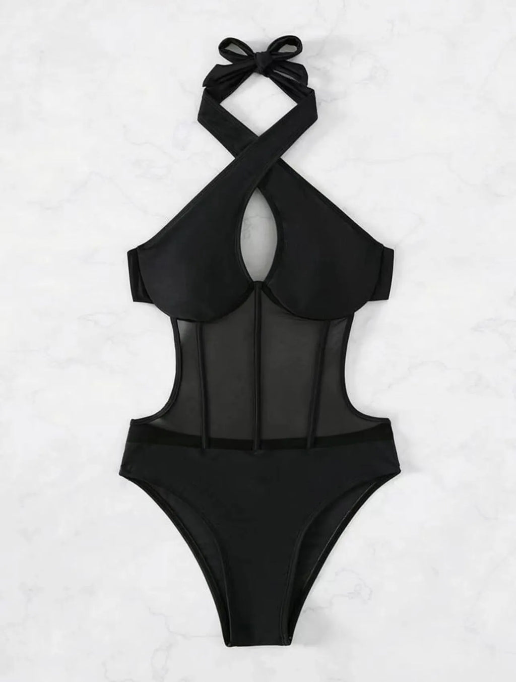 Women's black one-piece swimsuit made from nylon and spandex fabric