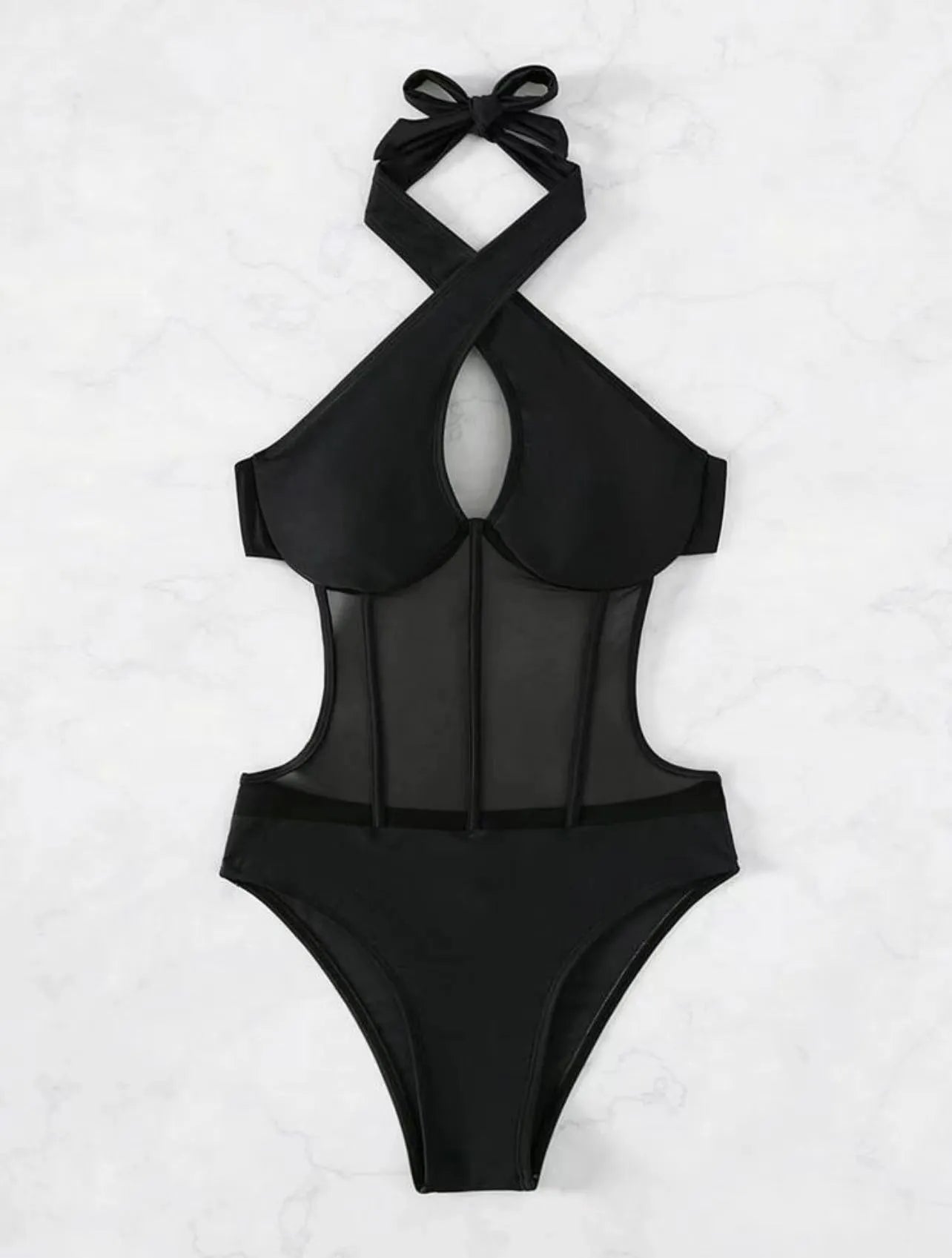 Women's black one-piece swimsuit made from nylon and spandex fabric