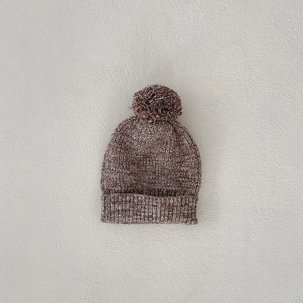 Dark brown cotton knitted three-piece set for infant girl with fur ball hat