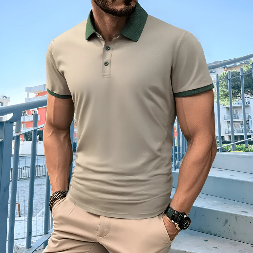 Summer polo shirt in ice silk polyester with short sleeves and printed flocking design