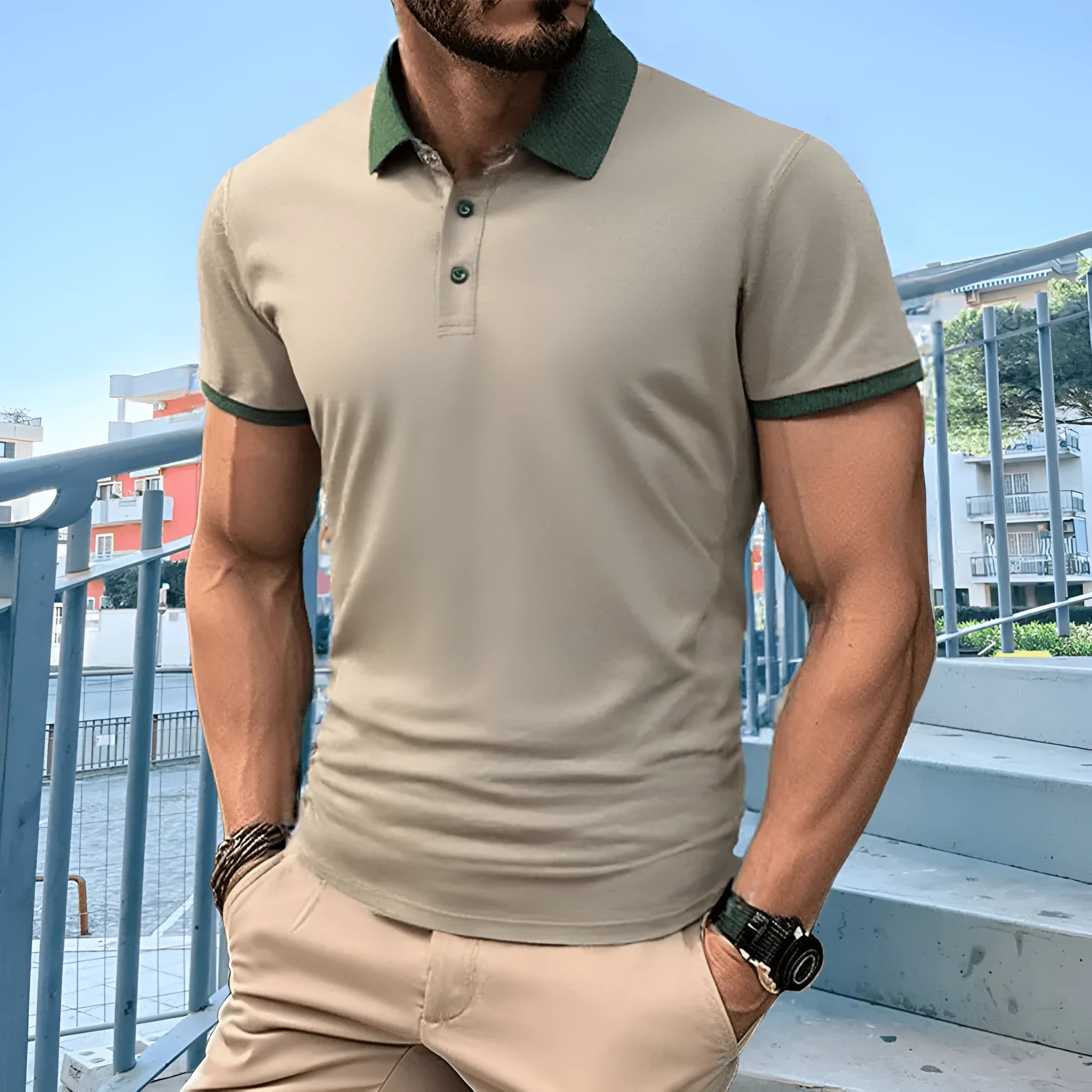 Summer polo shirt in ice silk polyester with short sleeves and printed flocking design