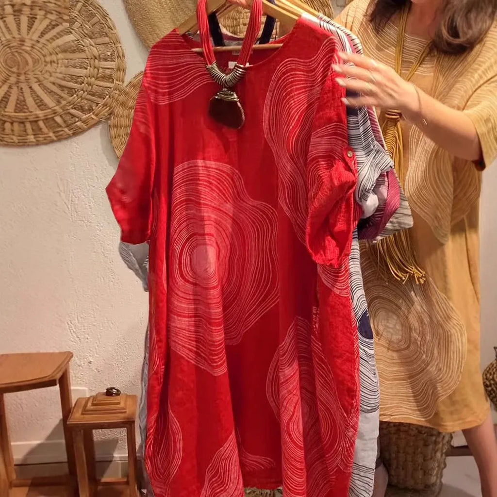 Women's round neck abstract print sleeve dress with 3D effect, A-line skirt, red colour, street fashion style