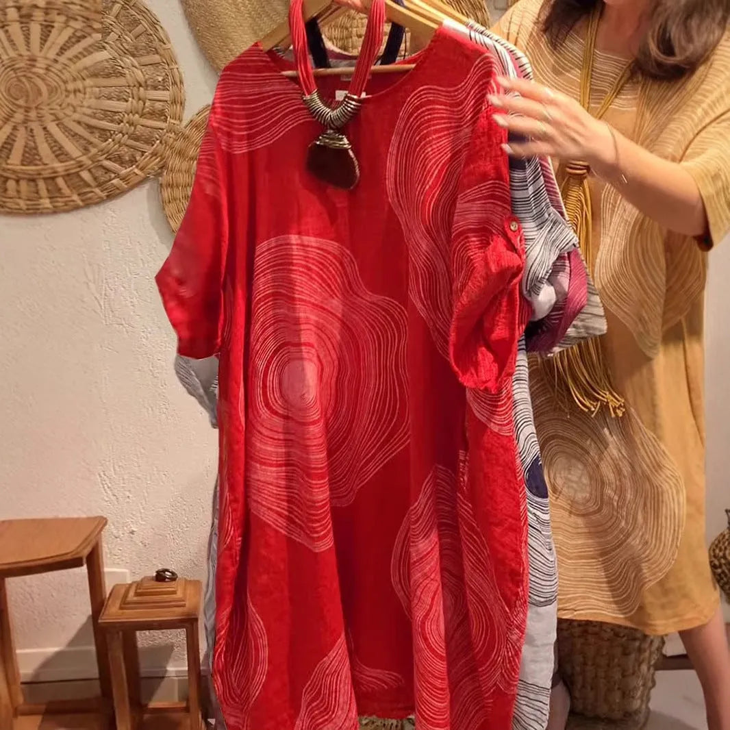Women's round neck abstract print sleeve dress with 3D effect, A-line skirt, red colour, street fashion style