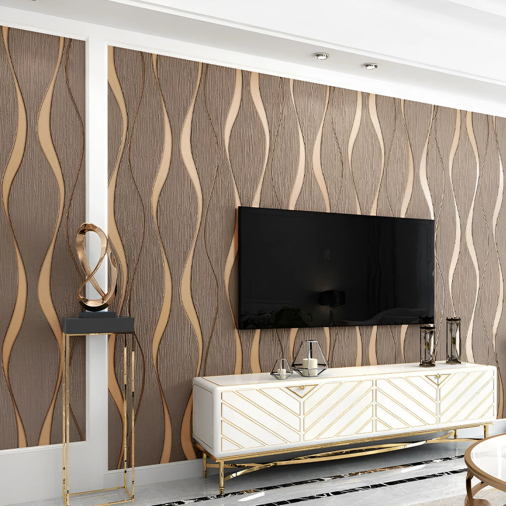 Curved stripe 3D textured wallpaper roll in deerskin velvet finish, light grey and dark brown colour options