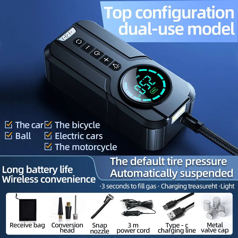 Portable black car tyre inflator pump with digital display, battery, and a set of inflation nozzles on a grey background.