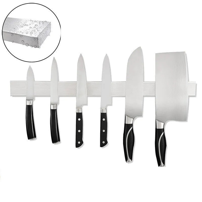 Stainless steel wall-mounted magnetic knife holder rack in various lengths for kitchen storage.
