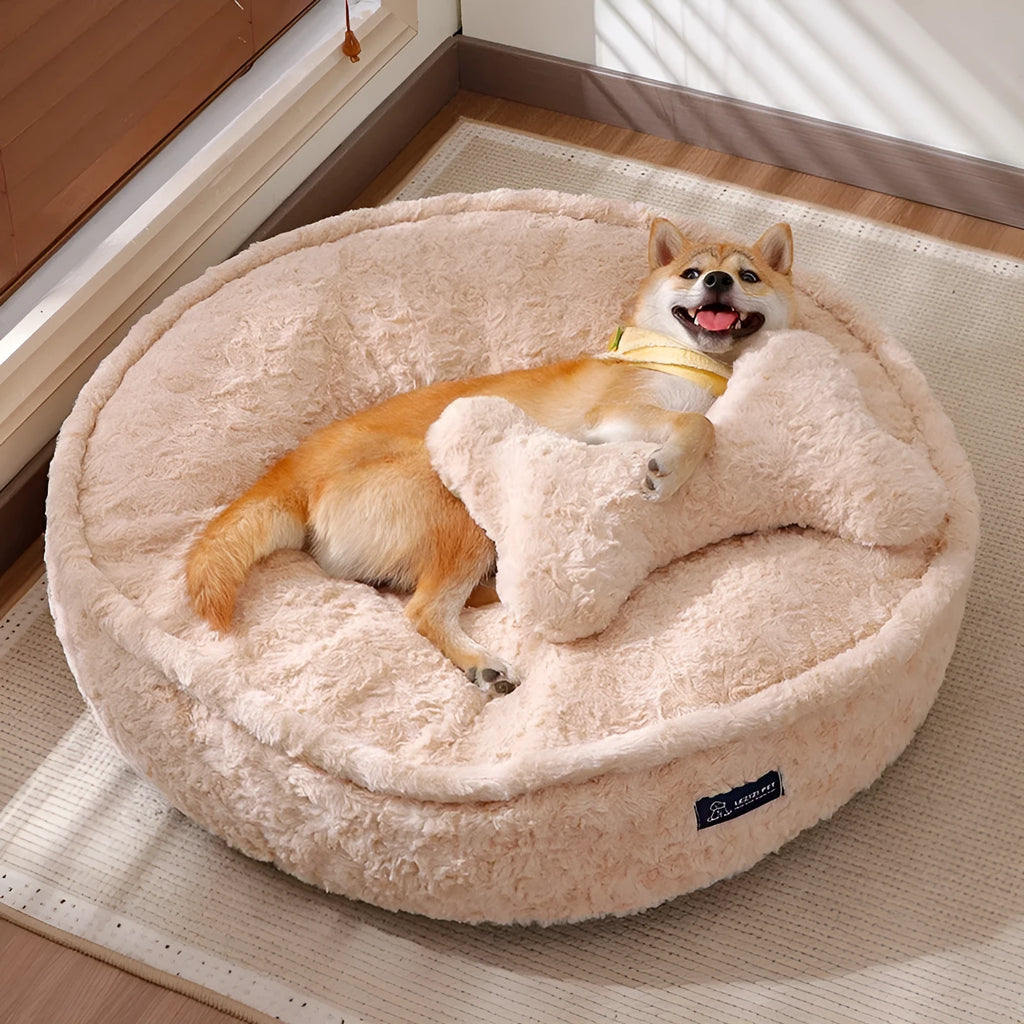 Round milk tea colour pet bed with removable washable cover in four sizes
