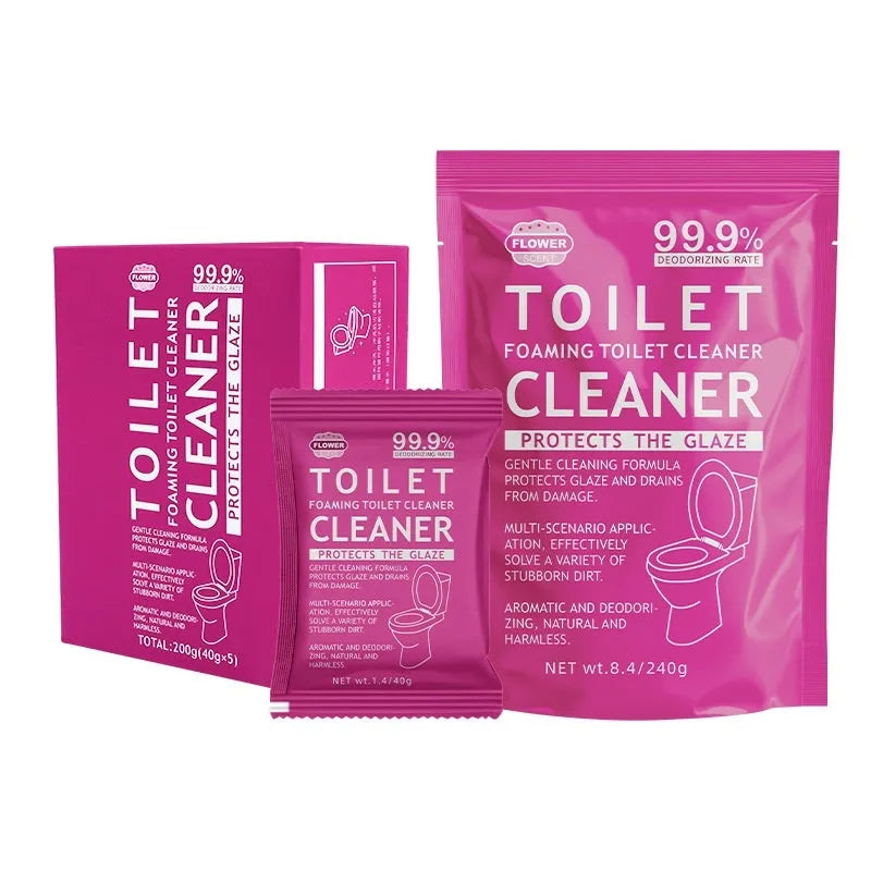 Toilet effervescent cleaning powder in blue ocean or pink floral fragrance, showing box of 5 bags and large refill bag.