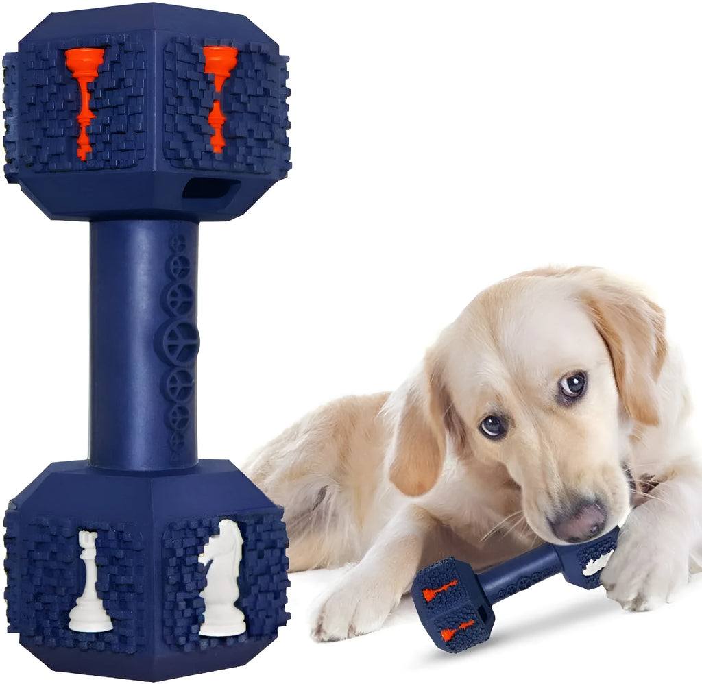 Blue rubber dumbbell dog chew toy with textured surface and hollow ends for treats.