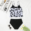 Women's high-waisted swimsuit set in black or coconut tree print, showing top and briefs.
