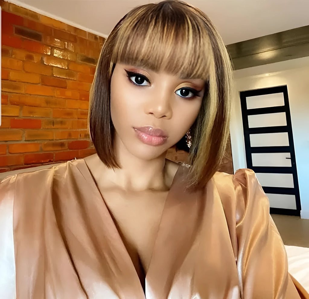 Women's real hair short wig with bangs mechanism in straight style colour P4/27