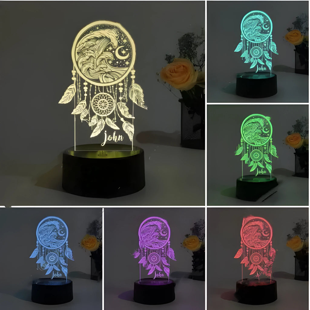 Modern acrylic dream catcher night light on a table showing colourful light modes, with a remote control nearby.