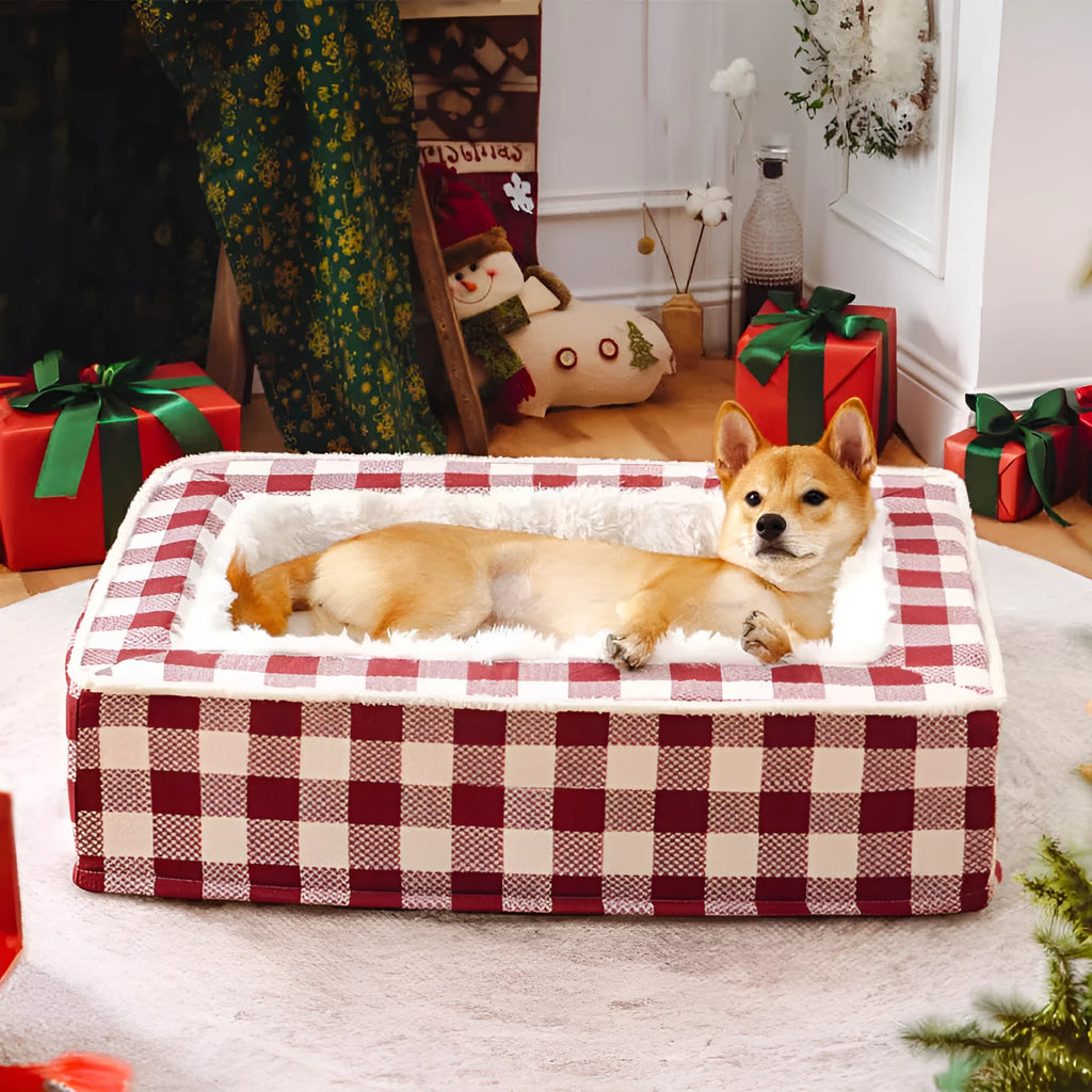 Classic plaid removable dog kennel bed in red tartan pattern showing soft cloth construction