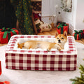 Classic plaid removable dog kennel bed in red tartan pattern showing soft cloth construction