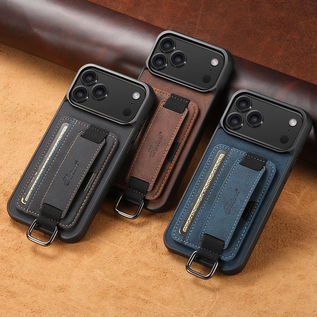 Google Pixel 9 PU leather case with card slot, wrist strap, and kickstand bracket in black